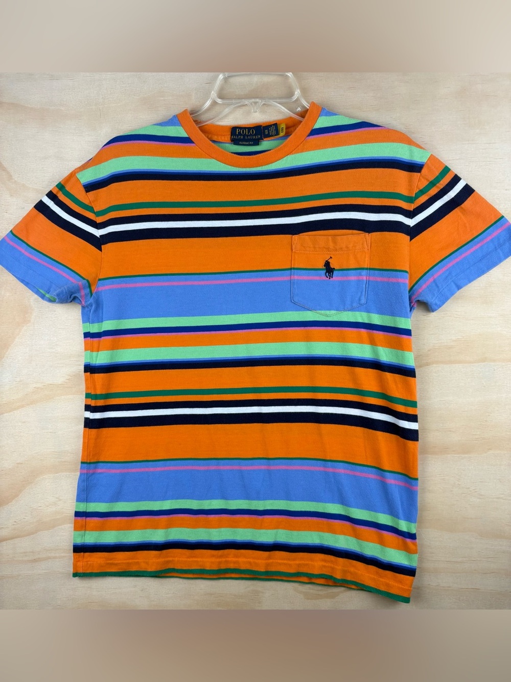 Polo Ralph Lauren Mens XS Classic Fit Striped Pocket T Shirt Orange Blue Green